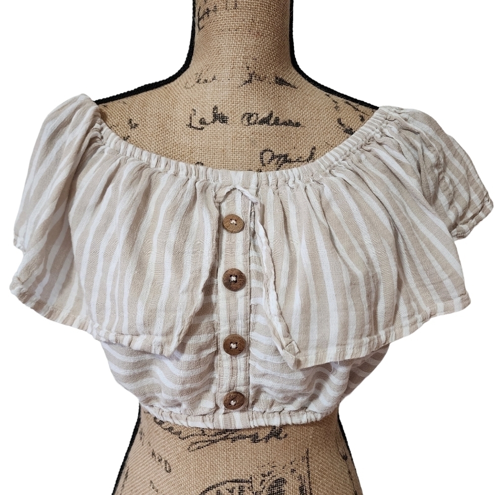 Primark Off-the-Shoulder Beige & White Stripe Crop Top - Medium - Picture 2 of 8